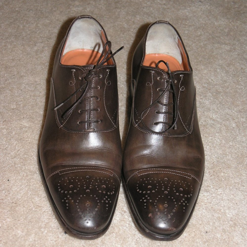 Santoni Stafford Handmade Brown Leather Antiqued Medallion Tip Oxfords 10.5D